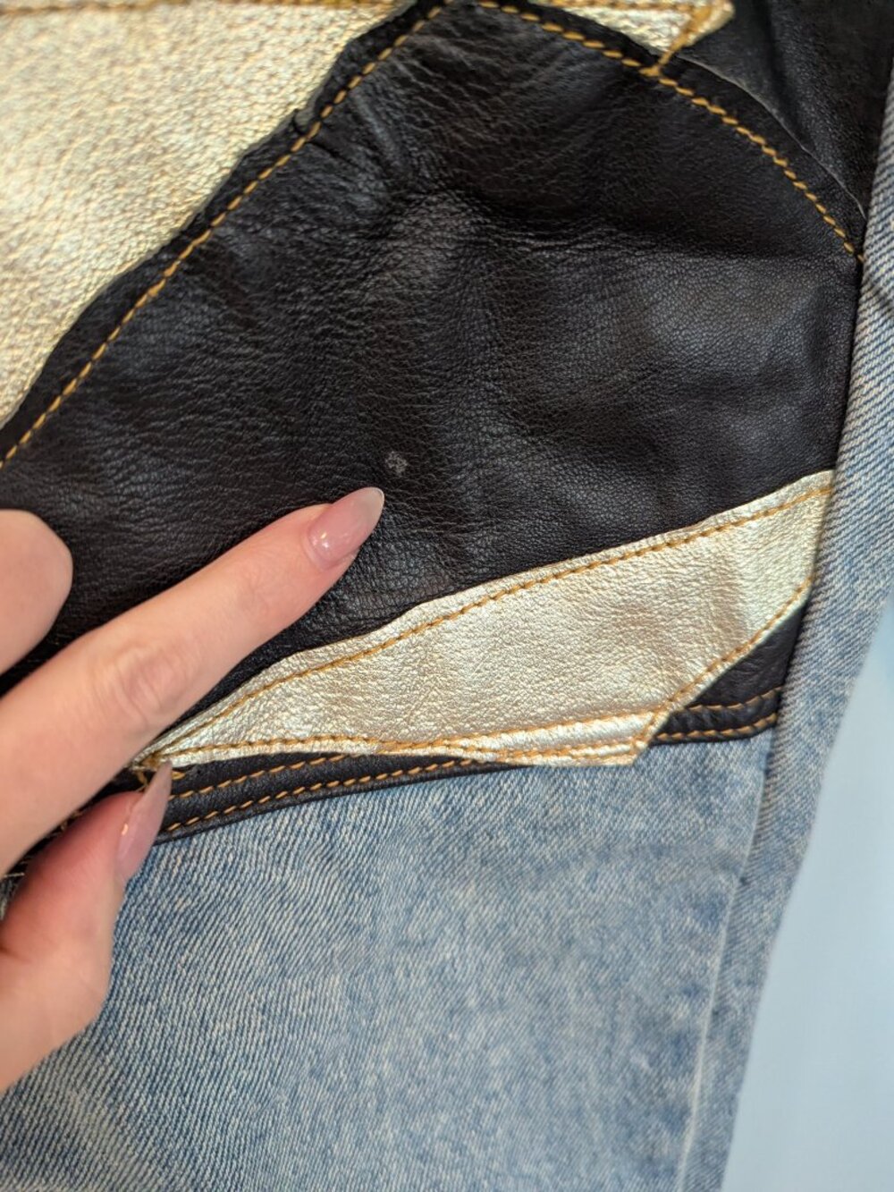 Vintage 100% Leather Geometric Patchwork Don't Stop International Denim Jeans - Picture 6 of 15